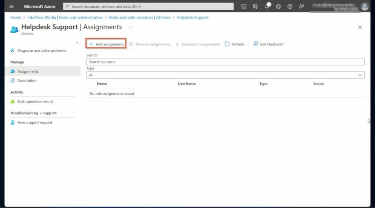 click Add assignments on the Assignments page of the custom Azure Active Directory role