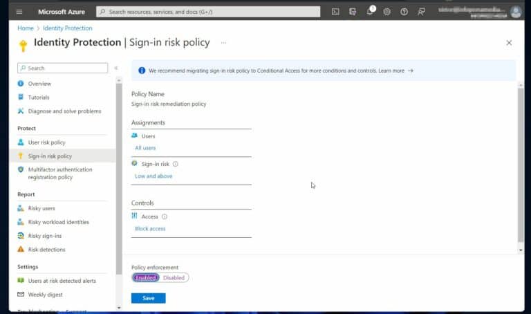 set the Azure AD Identity Protection 'Sign-in risk policy' level