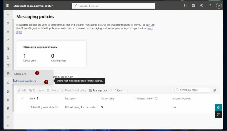 3. Control Office 365 Teams Messaging Policies for Chat Settings - open Messaging Policies page