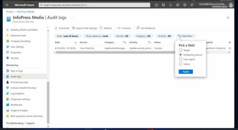 Adding filters to Azure AD Audit Logs