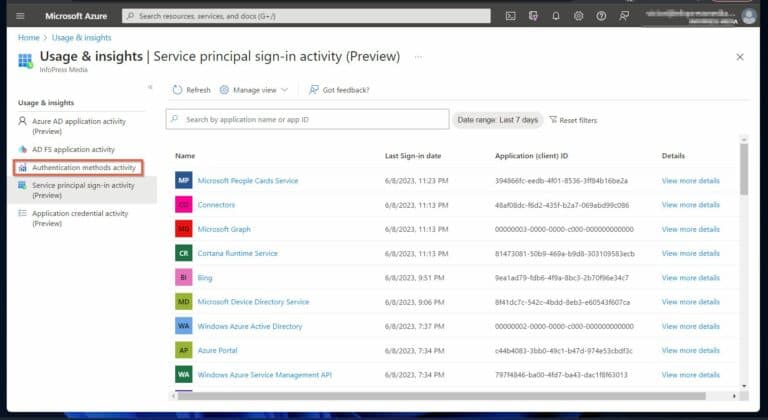 Authentication methods activities. in Azure AD usage & insights reports