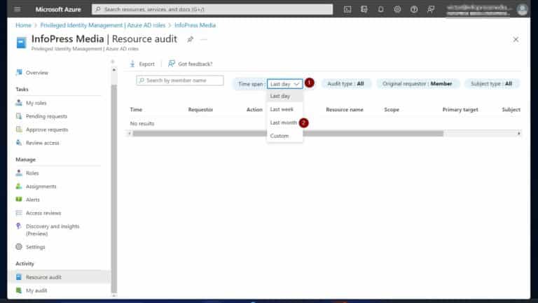 Azure AD Privileged Roles - modify Azure AD Roles Resource Audit History to 1 month
