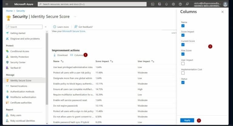 Azure AD Security Assessment - modify the columns of 'Improvement actions' report
