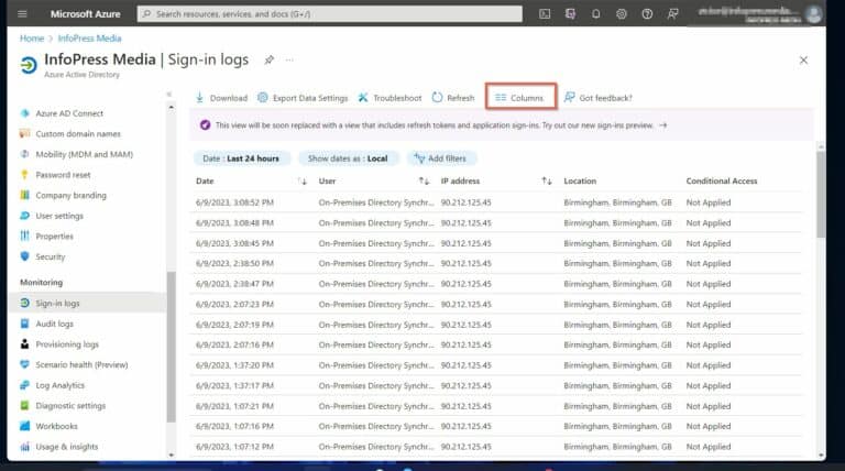 Azure AD Security Logs and Audit - customize sign-in logs columns