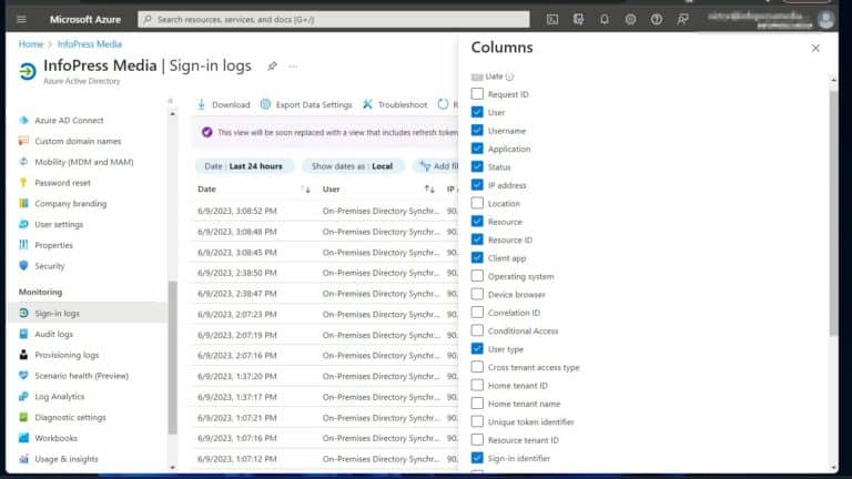 Columns to show in the Azure AD sign-in logs