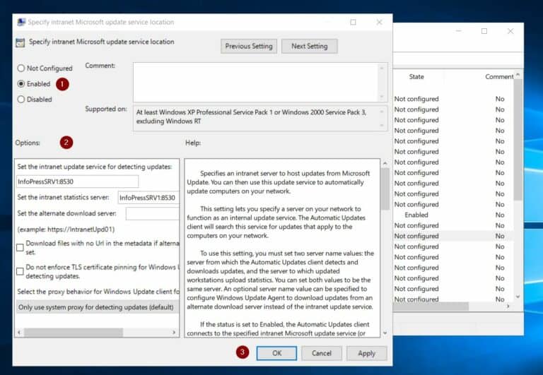 Configure - Specify intranet Microsoft update service location - final step