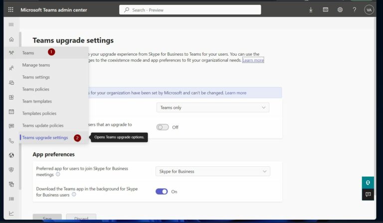 Configure Teams Skype for Business Upgrade Settings
