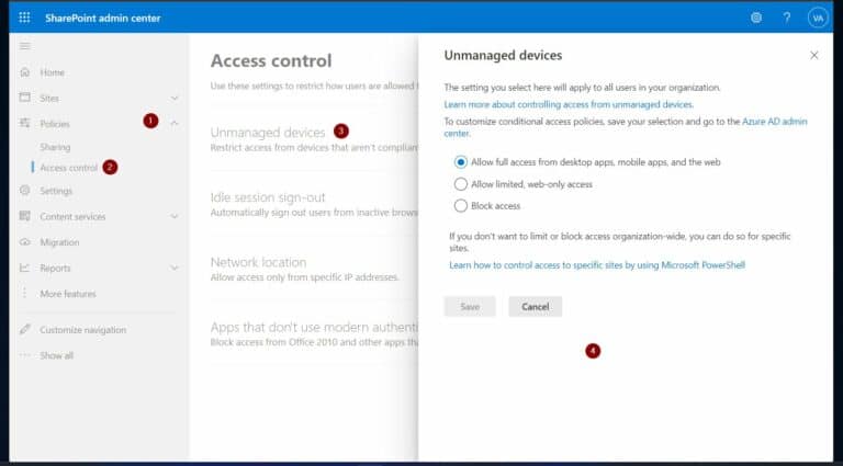 Configure Unmanaged devices Access Control Policies for SharePoint and OneDrive