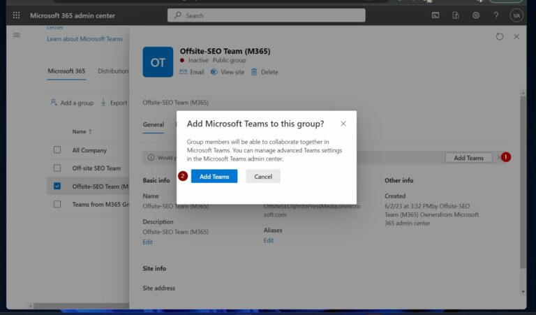 Create Office 365 Team from existing Microsoft 365 Groups final step