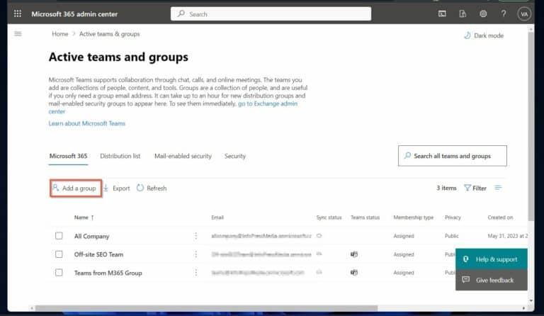 Create Team from Microsoft 365 Groups step 2 - click 'add a group'