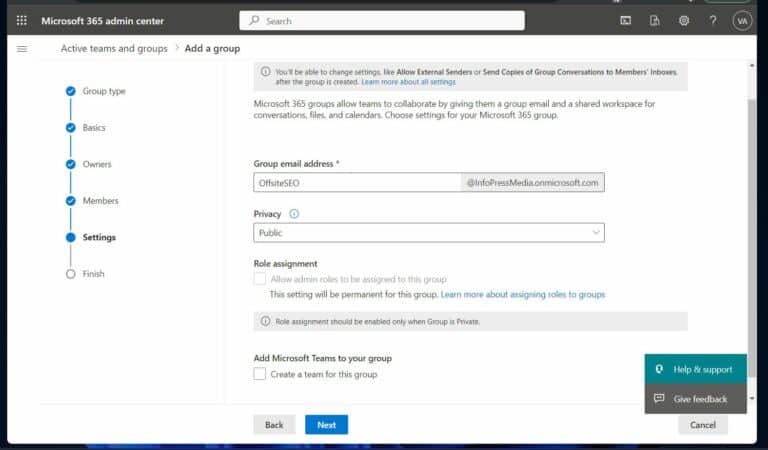 Create Team from Microsoft 365 Groups step 3 - configure the settings page of the workflow
