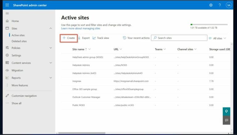 Create a new SharePoint site by clicking 'Create'