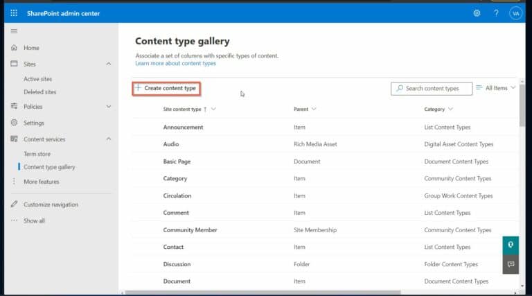 Create new content type in SharePoint Online