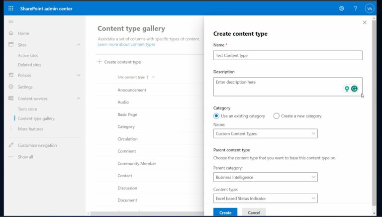 Create new content type in SharePoint Online final step
