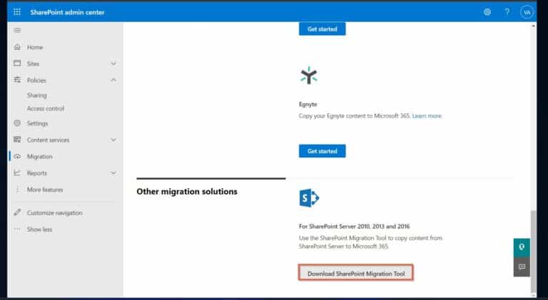 Download SharePoint Migration tool from SharePoint Online
