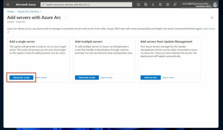 Next, on the Add servers with Azure Arc page, click Generate script under the Add a single server option