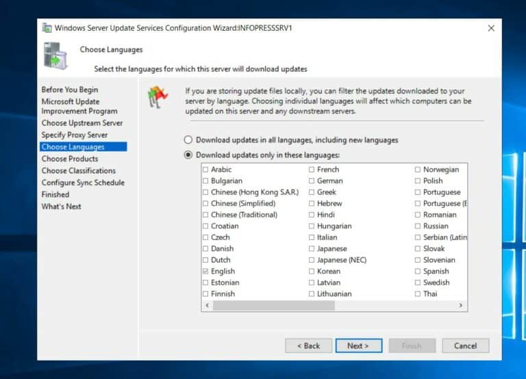 Next, select the languages you want updates download and click Next