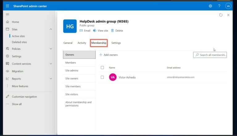 Office 365 SharePoint - manage the membership tab of a site