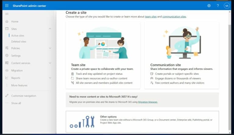 Office 365 SharePoint - on the first page of the 'Create a site' workflow, select Team site, Communication site