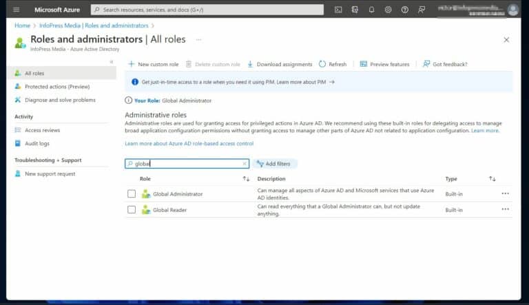 On the 'Roles and administrators' page, click the Azure AD role you want to assign and grant permissions to users and groups