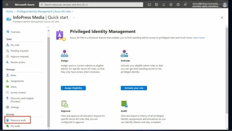 Once the Azure Privileged Identity Management page opens, select Resource audit in the Activity menu
