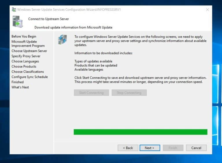 Once your server connects with the Microsoft Windows Update Server, the Next button will become available. Click it to continue. 