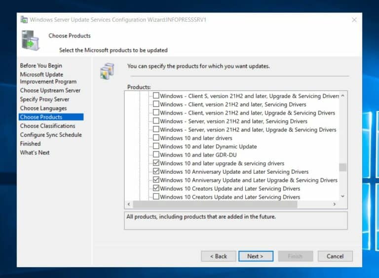 The Choose Products page provides the option to select the Microsoft products you want to update