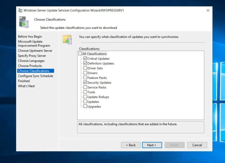 Then, select Windows Server Patch Management classifications. If you're not sure, accepts the defaults and click Next to comntinue