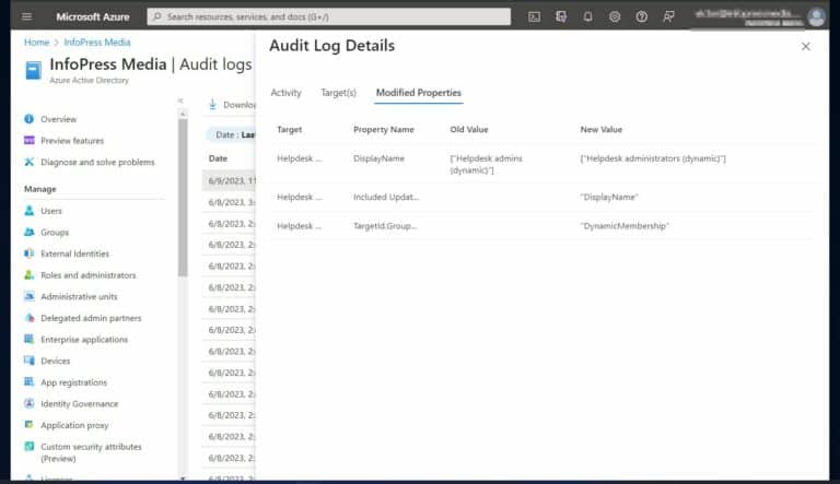 Understanding Azure AD Audit Logs - modified properties tab