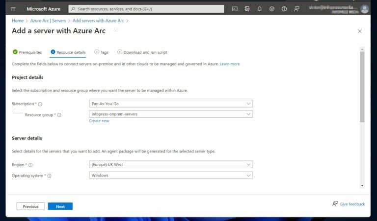 Windows Server Patch Management - complete the Resource details of the Add a server with Azure Arc wizard