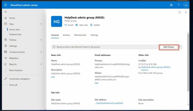 add a SharePoint site to Teams on the General tab