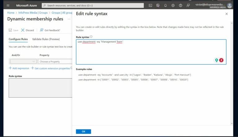 Azure AD Roles and Permissions - build a dynamic query that adds users automatically to the group - built your query and click OK