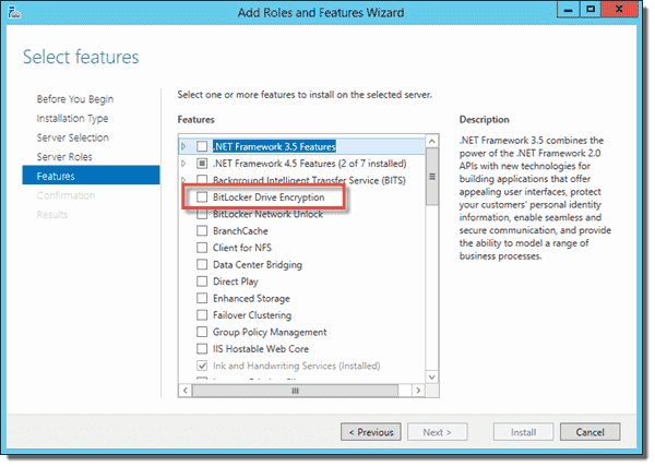 install bitlocker drive encryption in add roles and features wizard