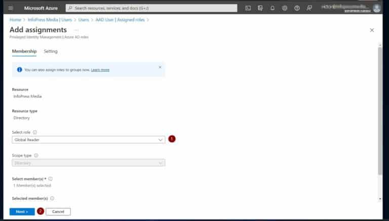 select the Azure AD role you want the user to inherit its permissions from the 'Select role' drop-down