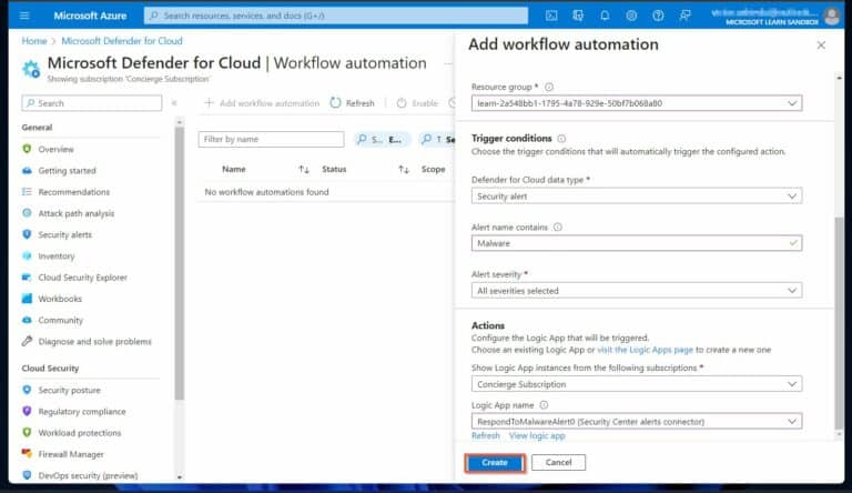 Azure Security Automation - After you've added all the settings for the Microsoft Defender for Cloud Workflow automation, click Create. 