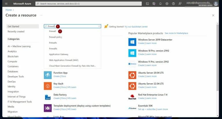 Deploy the Azure Firewall to a Virtual Network (VNet) - 1 search firewall and select it. 