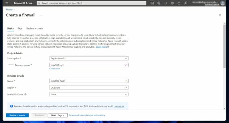 Deploy the Azure Firewall to a Virtual Network (VNet) - add configurations screen 1 of 2