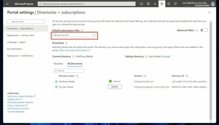 Finally, click the Default subscription filter drop-down and select the subscription you want to use. 