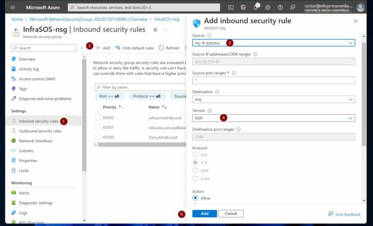 Azure Network Security - For my demo, I'll create an outbound rule that allows RDP port 3389 from my IP to the VMs in my VNet