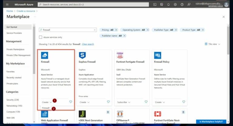 On the Marketplace page, click the Create drop-down under the Microsoft Azure Firewall and select Firewall