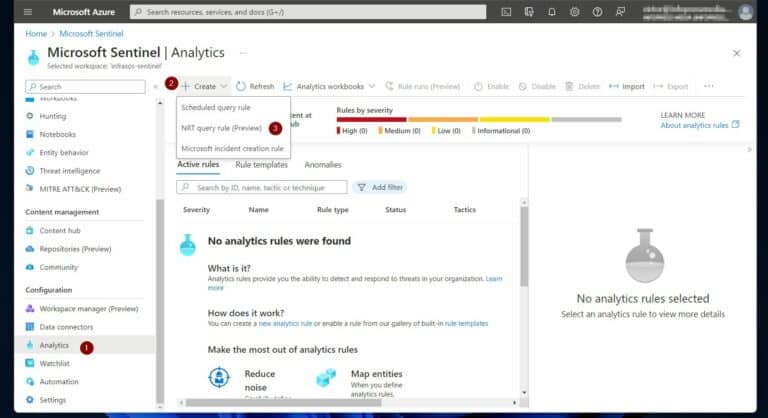 Azure Security Automation - Once the Sentinel workspace opens, choose Analytics in the Configuration section. After that, click Create