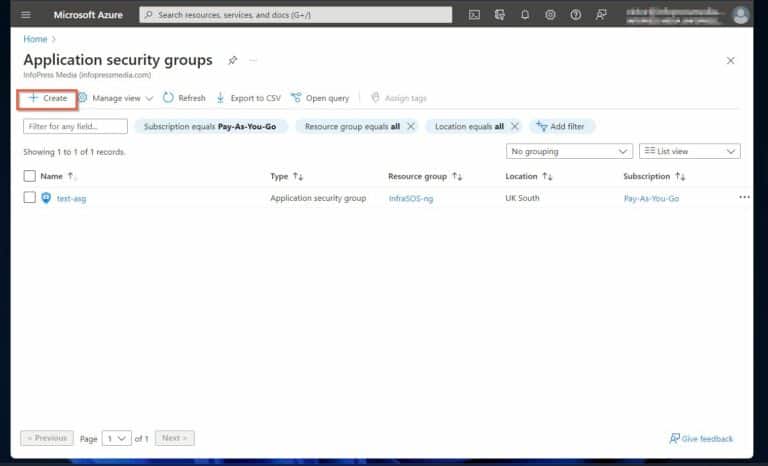 Azure Network Security - Once the page opens, click Create