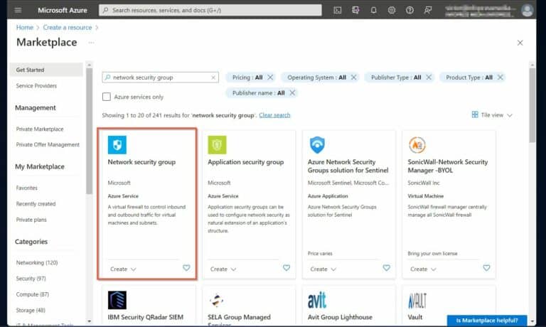 Azure Network Security - Once the page opens, search for network security group After that, open the Network security group Azure service by Microsoft. 
