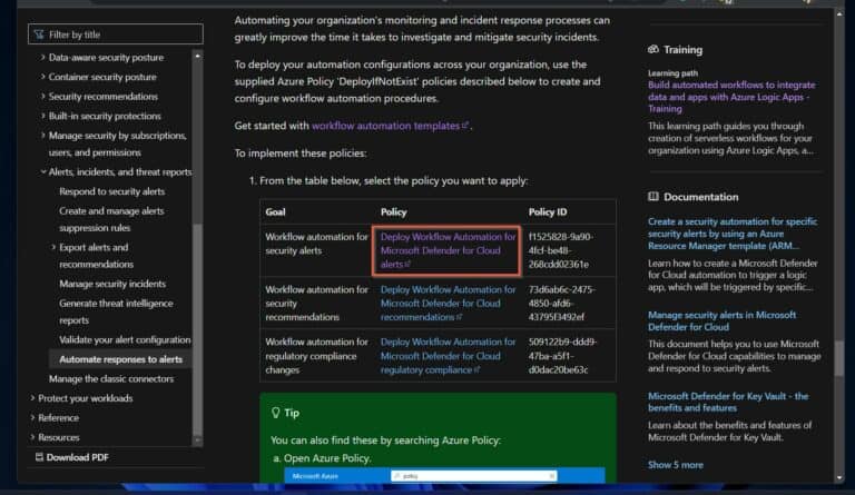 Azure Security Automation - Then, on the Policy on the Workflow automation for security alerts column. 