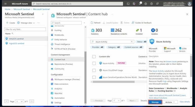 Azure Security Automation - Waitt for the connector to finish installing and click Manage. 