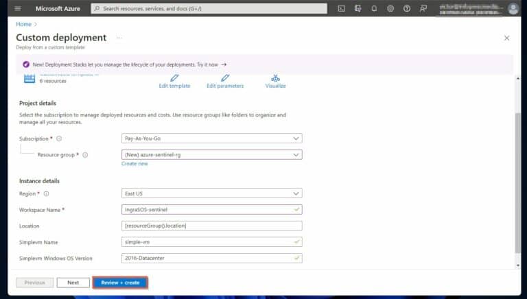 Azure Security Automation - When the deployment from the template page opens, enter the details described below