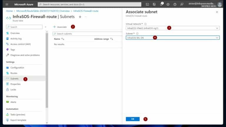 Azure Network Security - select the workload subnet, InfraSOS-WL-SN, and click OK. The firewall will not work as expected if you do not select the workload subnet. 