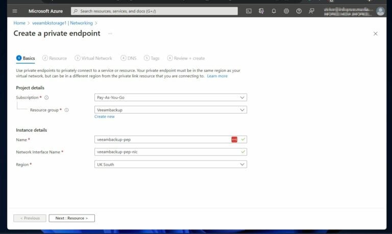Additionally, give the endpoint a name, pick an Azure region, and click Next - Resources