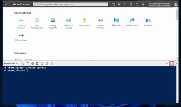 After opening the Azure Cloud Shell, run the Connect-AzureAD command. 