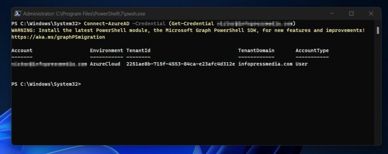 After providing the password and clicking OK, PowerShell connects to Azure and displays information about the tenant. 